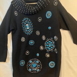 Studio Beaded Sweater Vintage 80's knit long slv Black Retro bejeweled Tunic Med